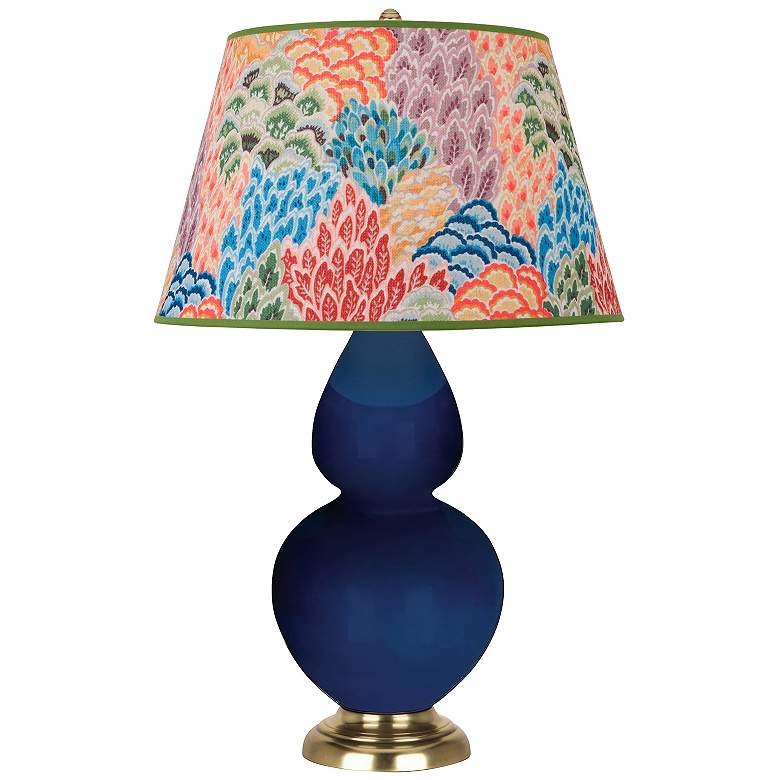 Image 1 Double Gourd 31"H Cobalt And Brass Table Lamp w/ Spring Floral Shade