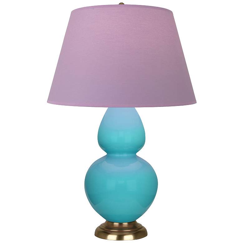 Image 1 Double Gourd 31"H Egg Blue And Brass Lamp w/ Lavender And Plum Shade
