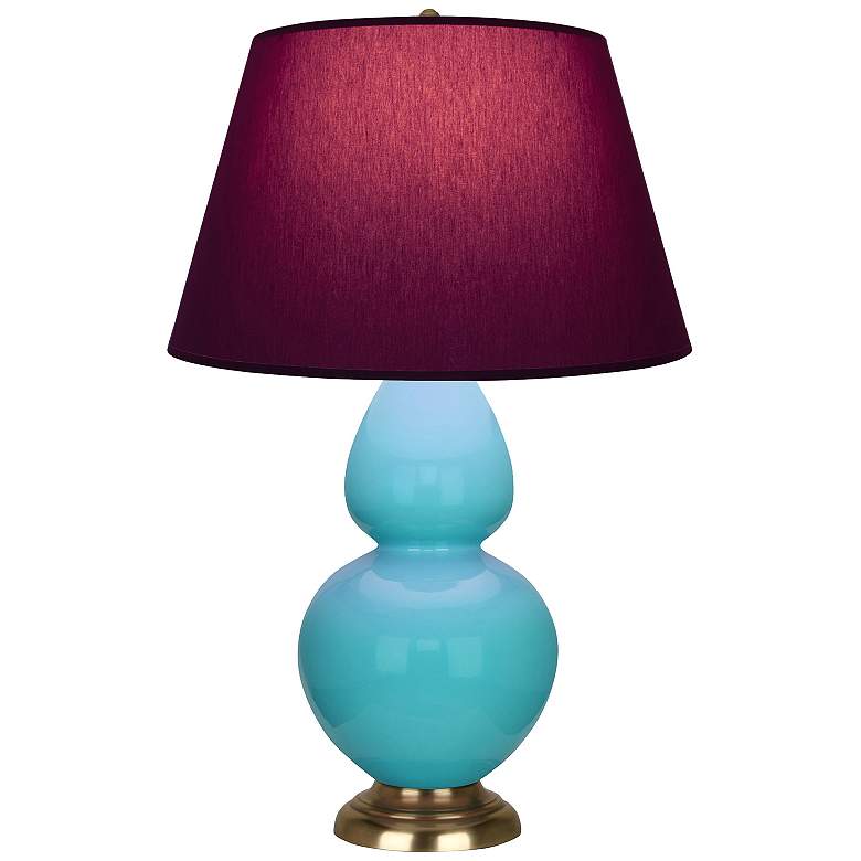 Image 1 Double Gourd 31"H Egg Blue And Brass Lamp w/ Plum And Lavender Shade