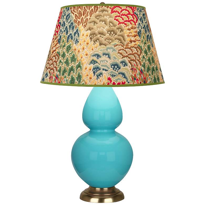 Image 1 Double Gourd 31"H Egg Blue And Brass Table Lamp w/ Fall Floral Shade
