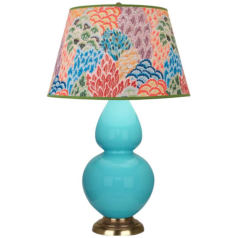 Image 1 Double Gourd 31"H Egg Blue And Brass Table Lamp w/ Spring Floral Shade