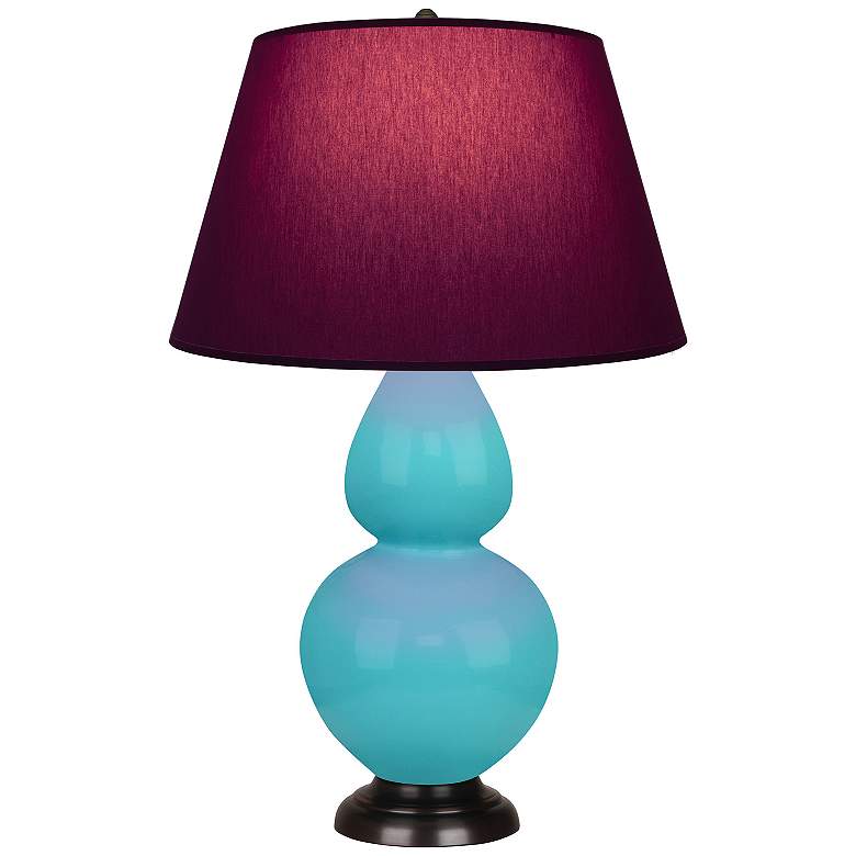 Image 1 Double Gourd 31"H Egg Blue And Bronze Lamp w/ Plum And Lavender Shade