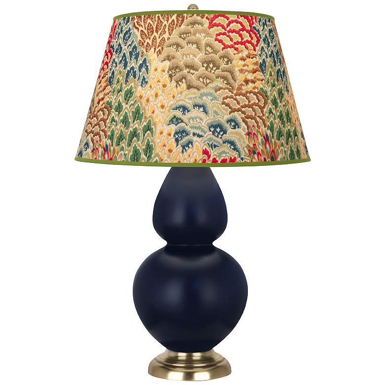 Image 1 Double Gourd 31"H Matte Blue And Brass Table Lamp w/ Fall Floral Shade