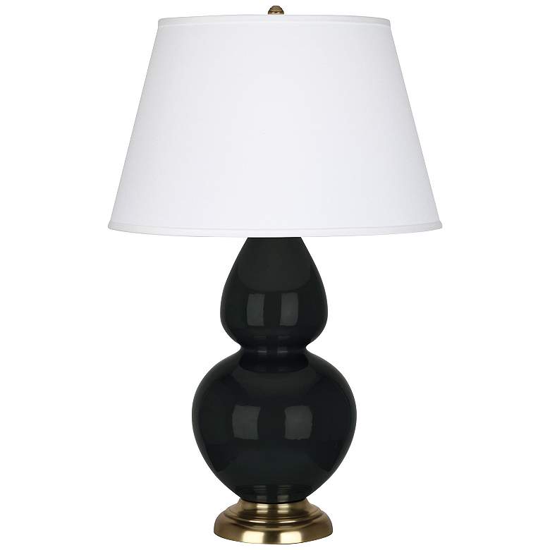 Image 1 Double Gourd 31"H Obsidian And Antique Brass Table Lamp w/ Pearl Shade