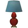 1_Double Gourd 31"H Oxblood Glazed Brass Table Lamp w/ Bright Blue Shade