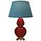 Double Gourd 31"H Oxblood Glazed Brass Table Lamp w/ Bright Blue Shade