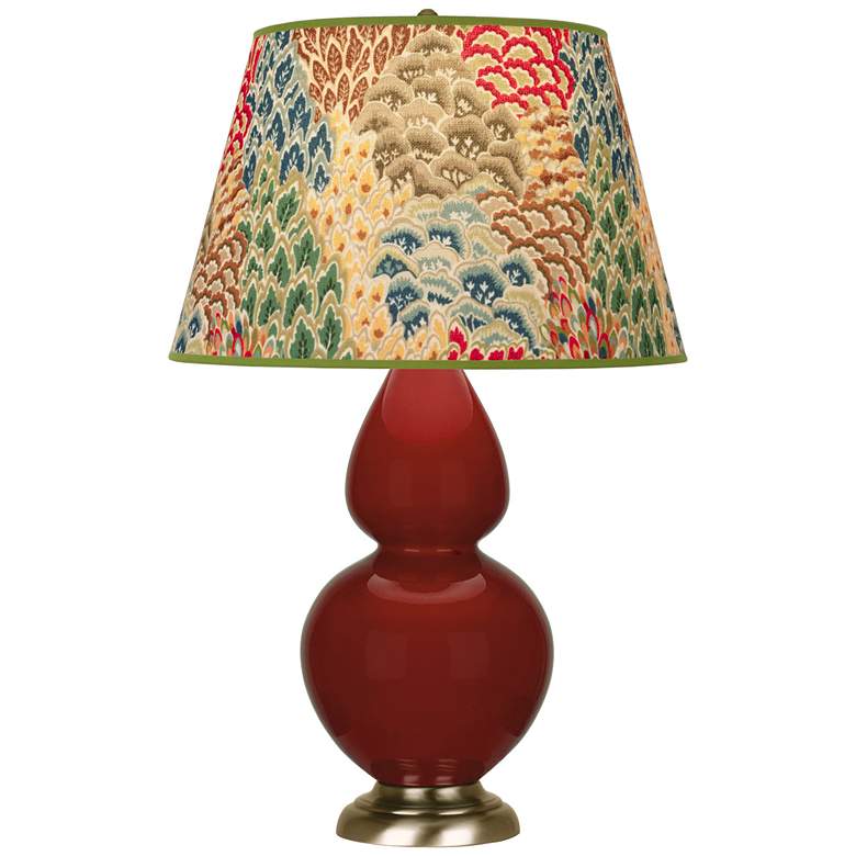 Image 1 Double Gourd 31"H Oxblood Glazed Brass Table Lamp w/ Fall Floral Shade
