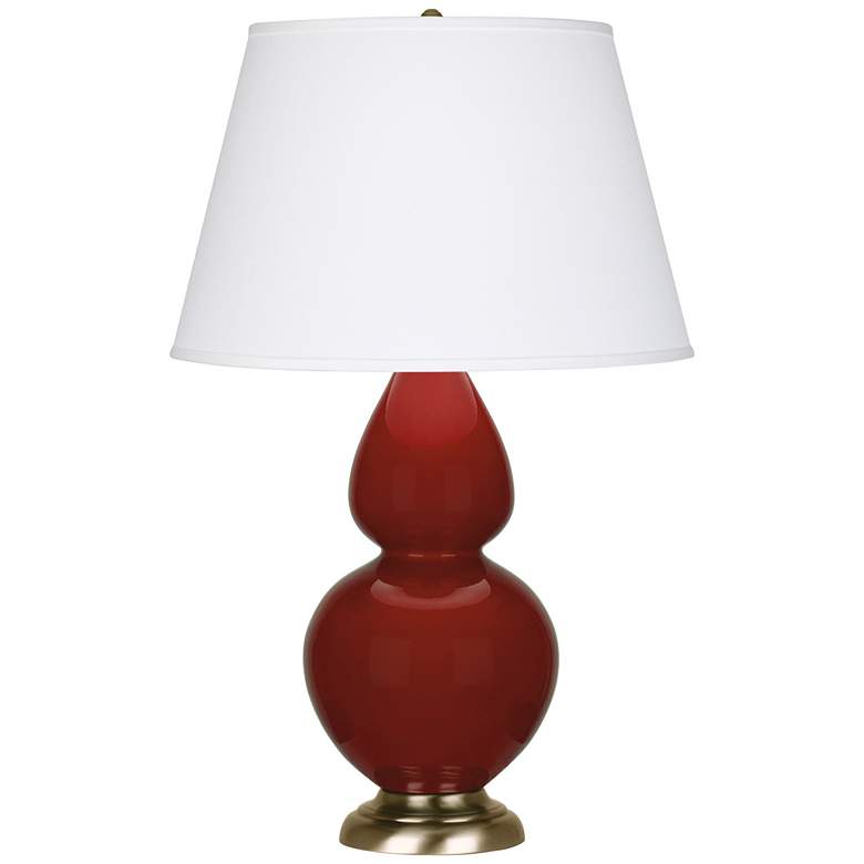 Image 1 Double Gourd 31"H Oxblood Glazed Brass Table Lamp w/ Pearl Dupioni Shade