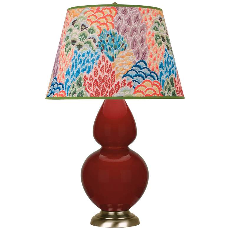 Image 1 Double Gourd 31"H Oxblood Glazed Brass Table Lamp w/ Spring Floral Shade