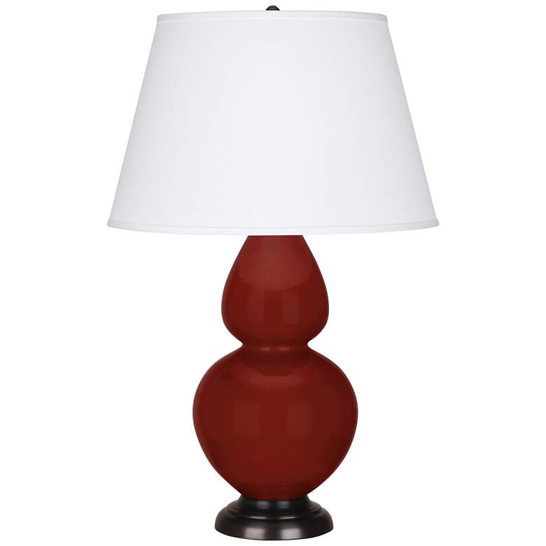 Image 1 Double Gourd 31"H Oxblood Glazed Bronze Table Lamp w/ Pearl Dupioni Shade