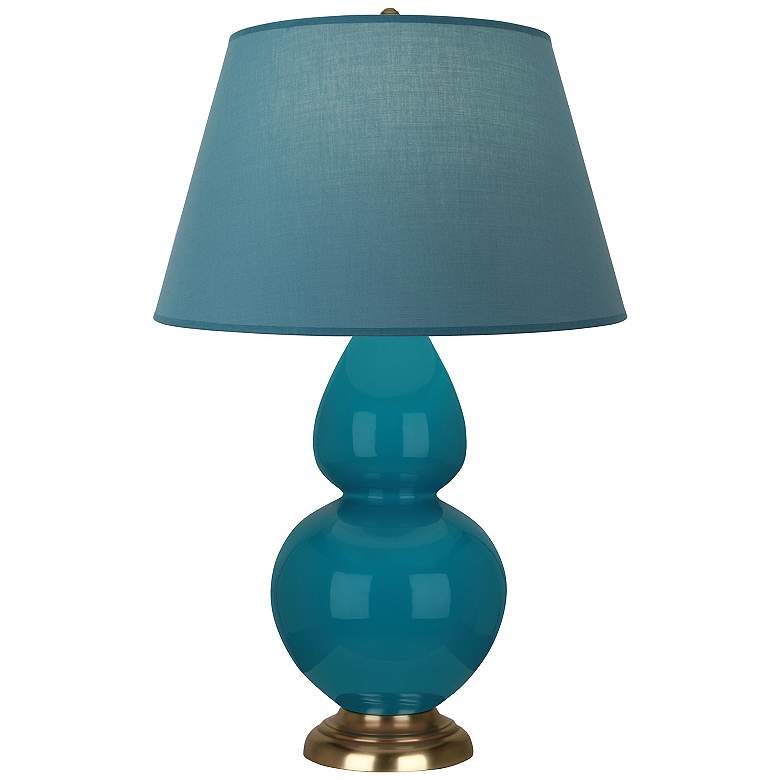 Image 1 Double Gourd 31"H Peacock And Brass Lamp w/ Bright Blue And Gray Shade