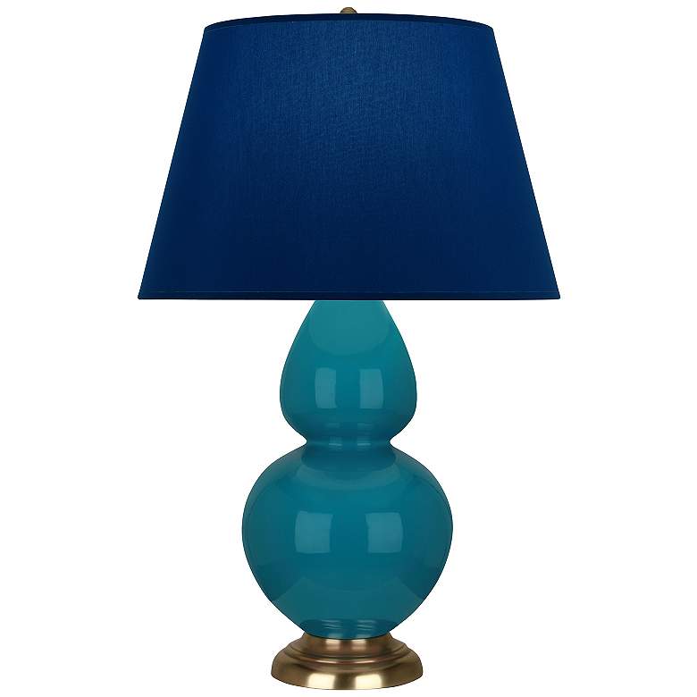 Image 1 Double Gourd 31"H Peacock And Brass Table Lamp w/ Navy And Gray Shade