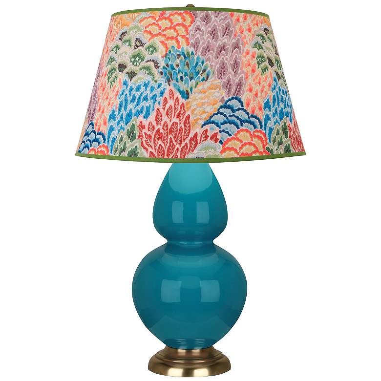 Image 1 Double Gourd 31"H Peacock And Brass Table Lamp w/ Spring Floral Shade