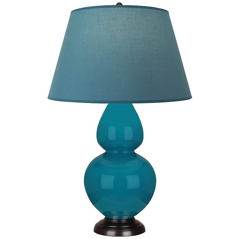 Image 1 Double Gourd 31"H Peacock And Bronze Lamp w/ Bright Blue And Gray Shade
