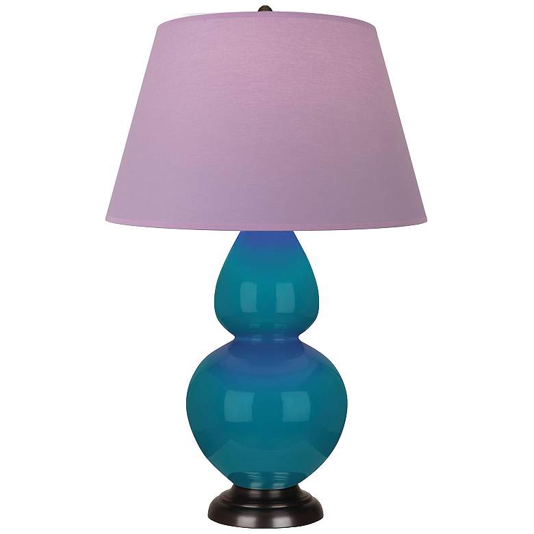 Image 1 Double Gourd 31"H Peacock And Bronze Lamp w/ Lavender And Plum Shade