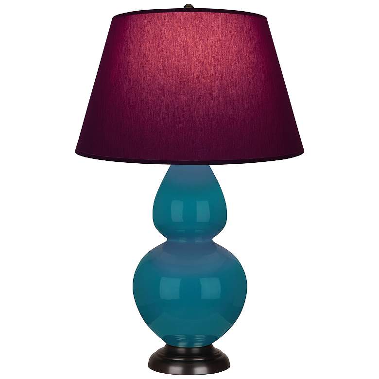 Image 1 Double Gourd 31"H Peacock And Bronze Lamp w/ Plum And Lavender Shade