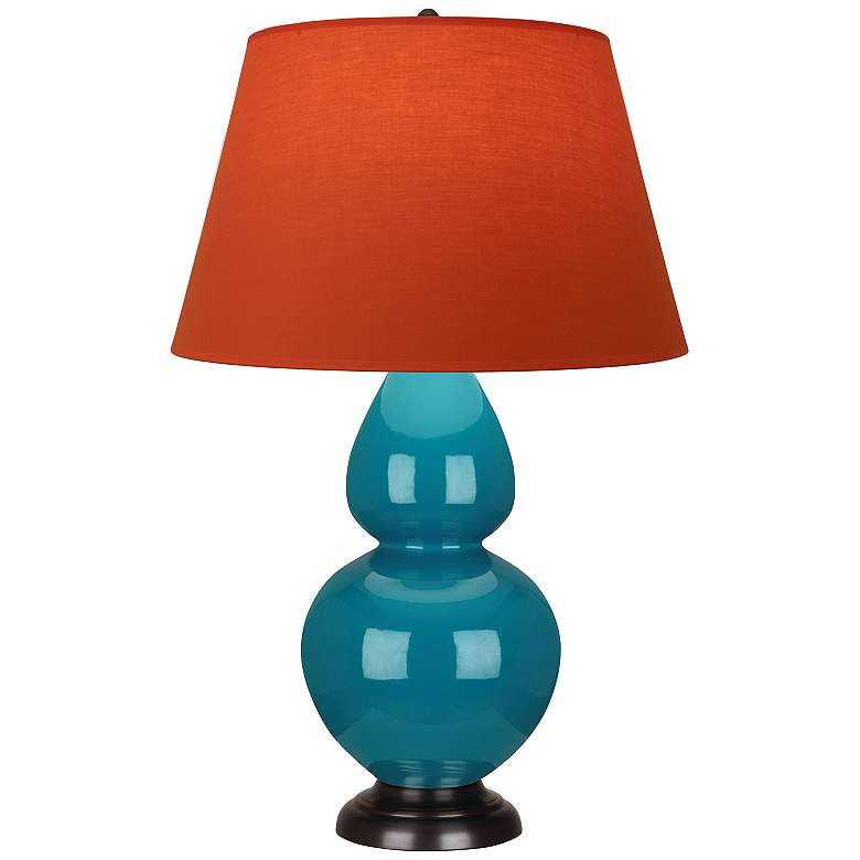 Image 1 Double Gourd 31"H Peacock And Bronze Lamp w/ Tangerine And Taupe Shade