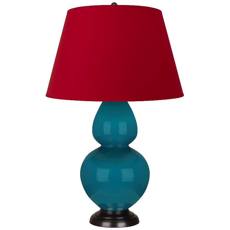 Image 1 Double Gourd 31"H Peacock And Bronze Table Lamp w/ Black And Red Shade