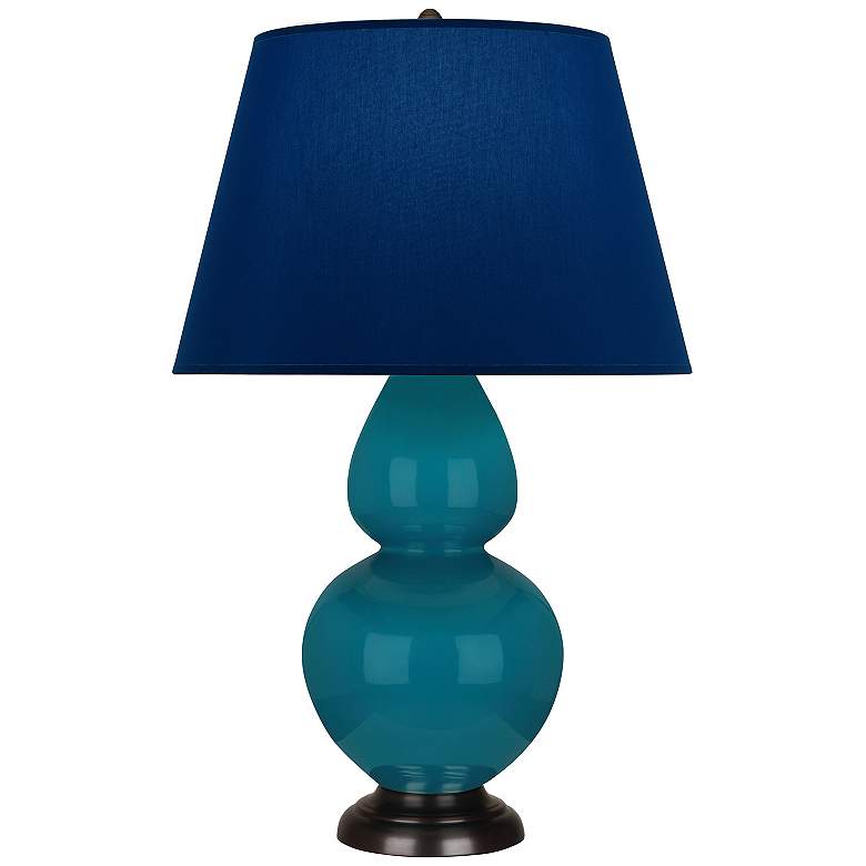 Image 1 Double Gourd 31"H Peacock And Bronze Table Lamp w/ Navy And Gray Shade