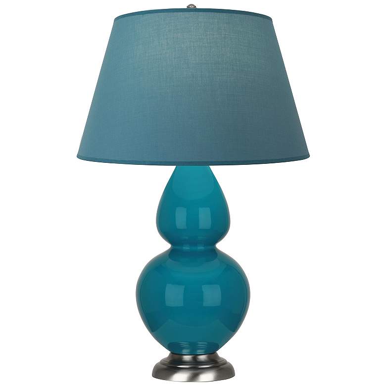 Image 1 Double Gourd 31"H Peacock And Silver Lamp w/ Bright Blue And Gray Shade