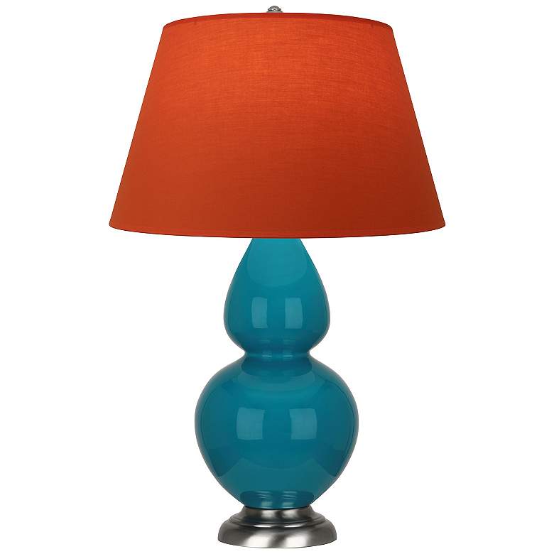 Image 1 Double Gourd 31"H Peacock And Silver Lamp w/ Tangerine And Taupe Shade