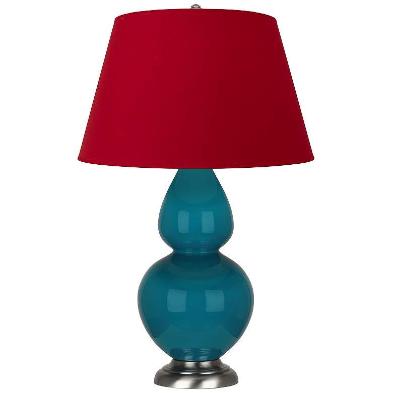 Image 1 Double Gourd 31"H Peacock And Silver Table Lamp w/ Black And Red Shade
