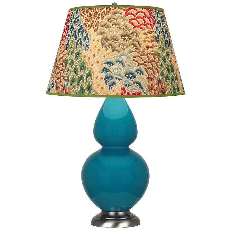 Image 1 Double Gourd 31"H Peacock And Silver Table Lamp w/ Fall Floral Shade