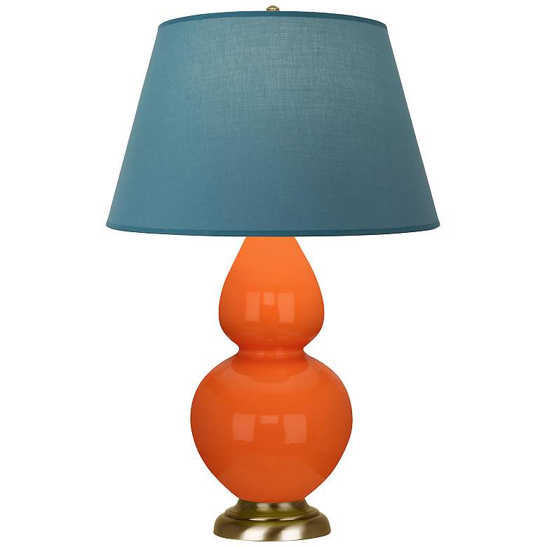 Image 1 Double Gourd 31"H Pumpkin And Brass Lamp w/ Bright Blue And Gray Shade