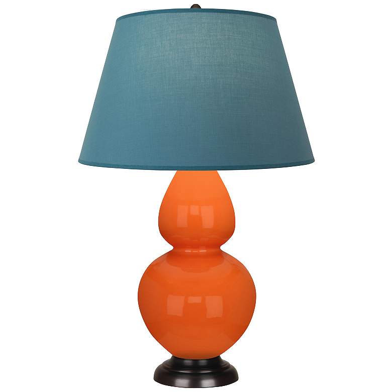 Image 1 Double Gourd 31"H Pumpkin And Bronze Lamp w/ Bright Blue And Gray Shade
