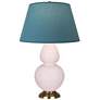 1_Double Gourd 31"H Rose Water Glazed Brass Table Lamp w/ Bright Blue Shade
