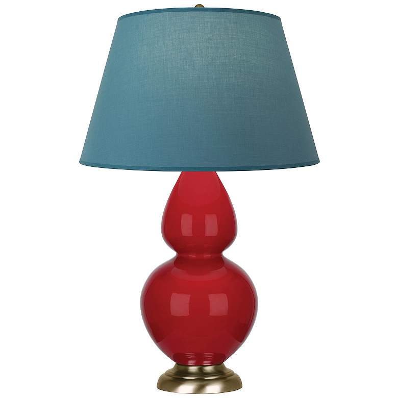 Image 1 Double Gourd 31"H Ruby Red And Brass Lamp w/ Bright Blue And Gray Shade