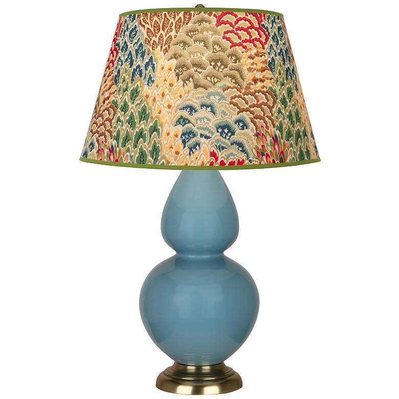 Image 1 Double Gourd 31"H Steel Blue And Brass Table Lamp w/ Fall Floral Shade