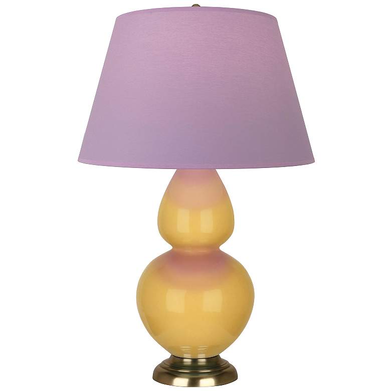Image 1 Double Gourd 31"H Yellow And Brass Lamp w/ Lavender And Plum Shade
