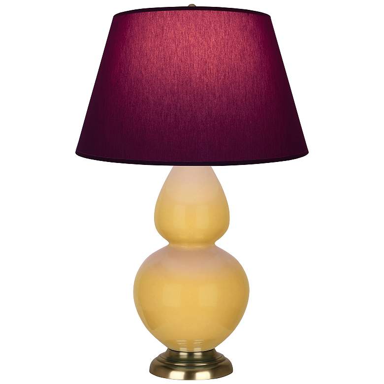 Image 1 Double Gourd 31"H Yellow And Brass Lamp w/ Plum And Lavender Shade