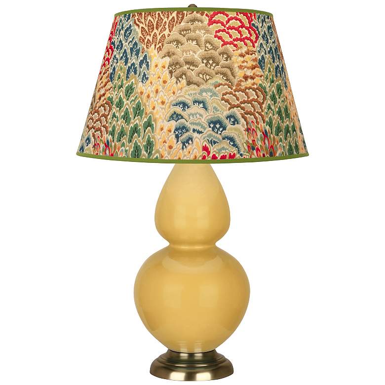 Image 1 Double Gourd 31"H Yellow And Brass Table Lamp w/ Fall Floral Shade