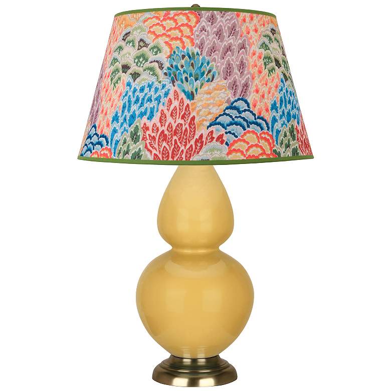 Image 1 Double Gourd 31"H Yellow And Brass Table Lamp w/ Spring Floral Shade