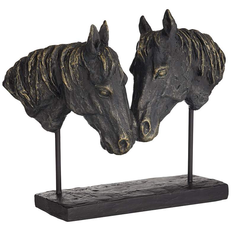 Image 2 Double Horse Bust 14 1/2" Wide Rough Bronze Statue