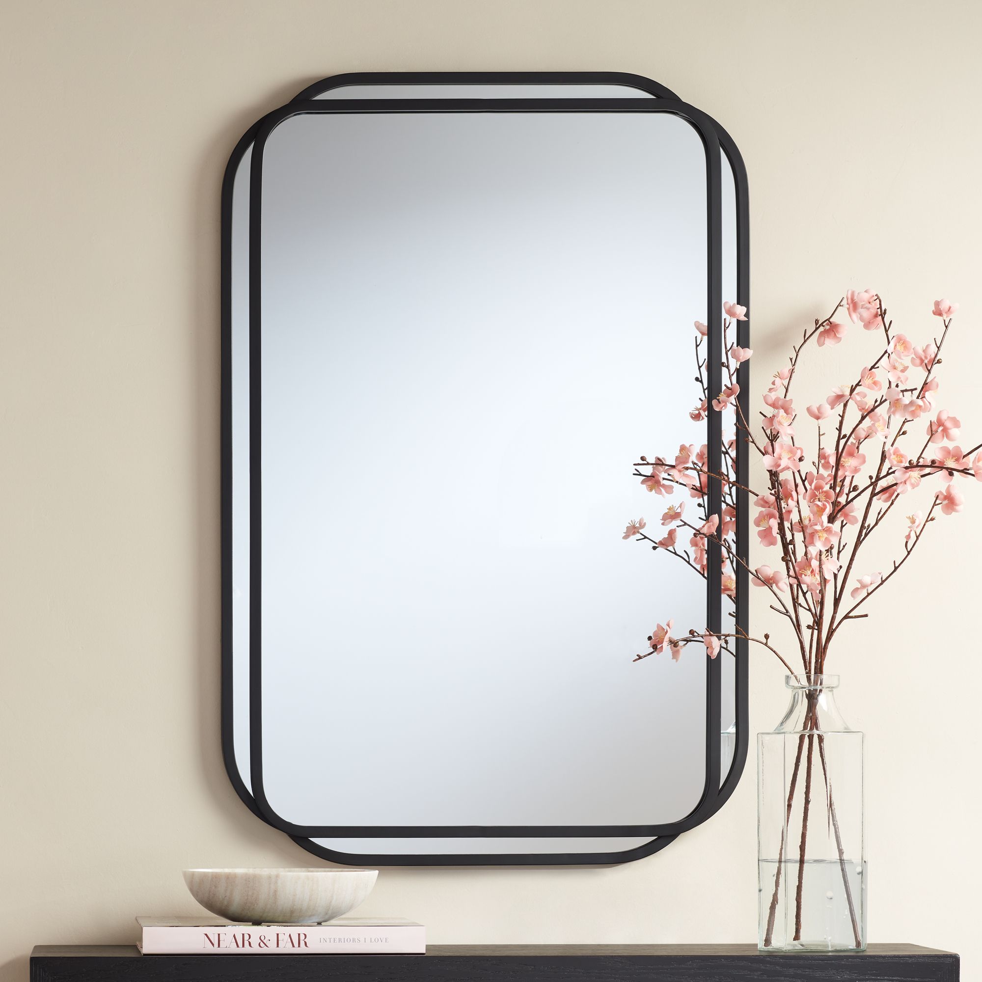 Double Radius Matte Black 24" x 36 1/4" Wall Mirrors Set of 2