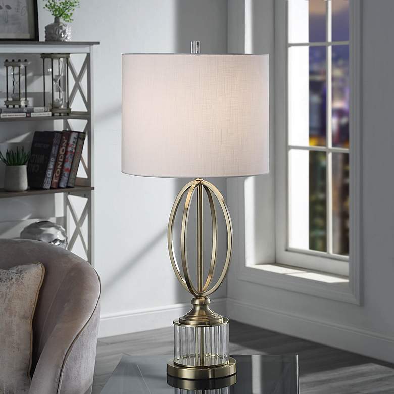 Image 1 Double Ring Satin Brass Metal Table Lamp Glass Pedestal