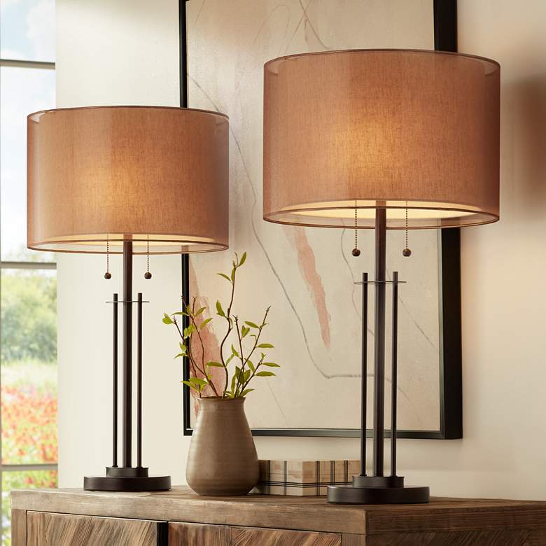 Double Shade Bronze Table Lamp Set of 2