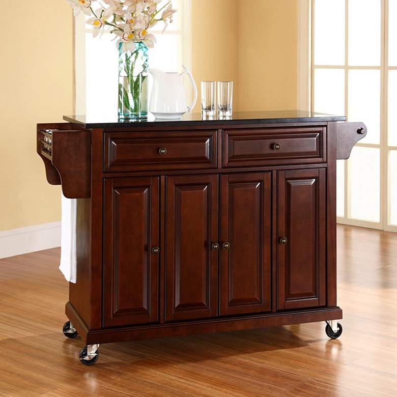 Image 1 Dover 52" Wide Granite Top Mahogany Kitchen Island Cart or Bar Cart