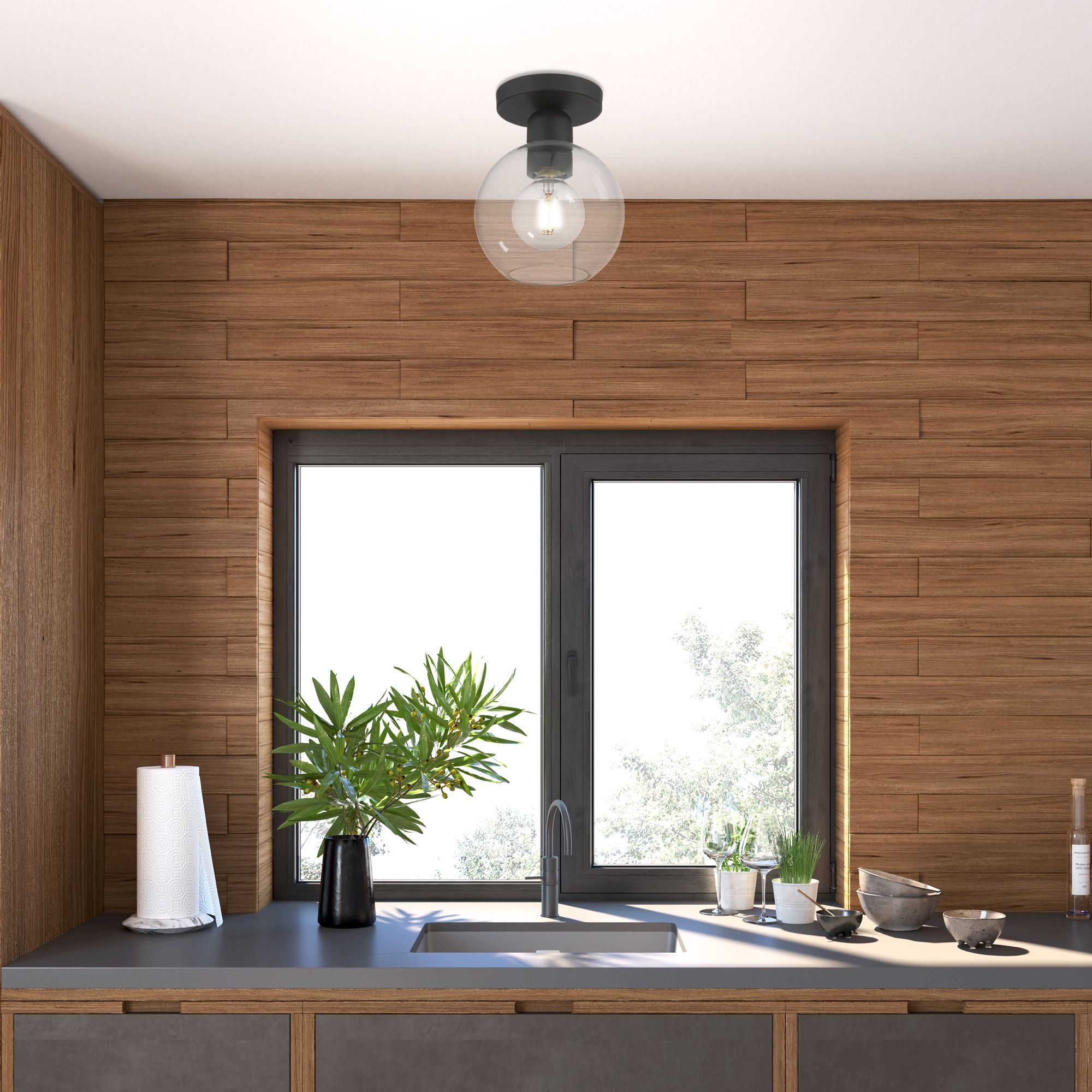 Downtown 1 Light Black Sphere Semi-Flush