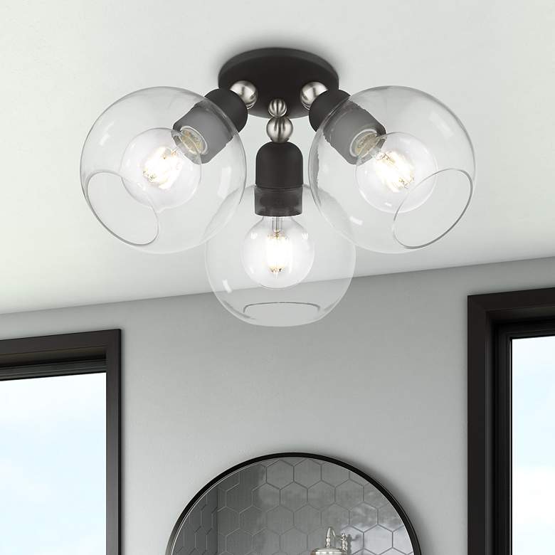 Image 1 Downtown 3 Light Black Sphere Semi-Flush with Brushed Nickel Accents