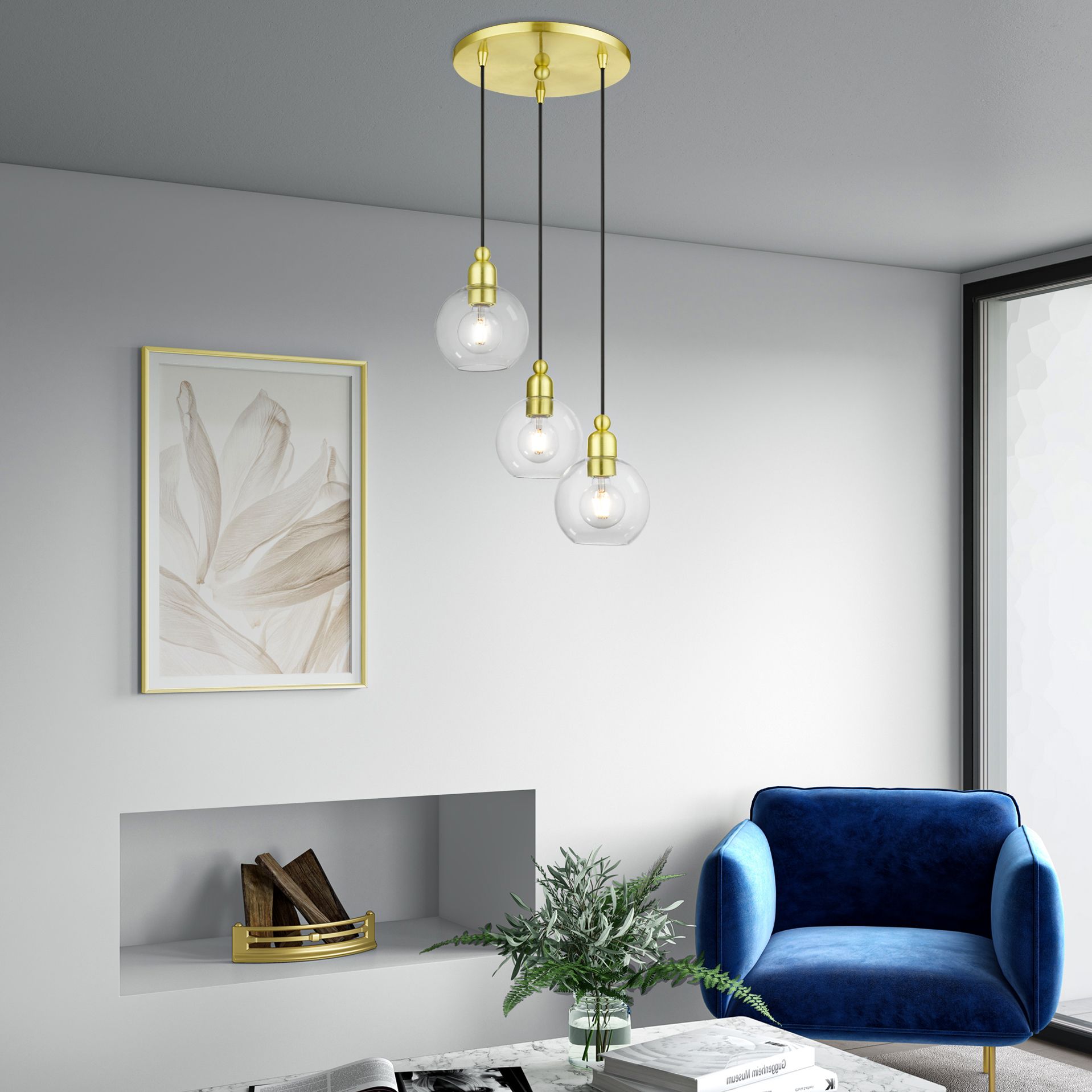 Downtown 3 Light Satin Brass Sphere Multi Pendant