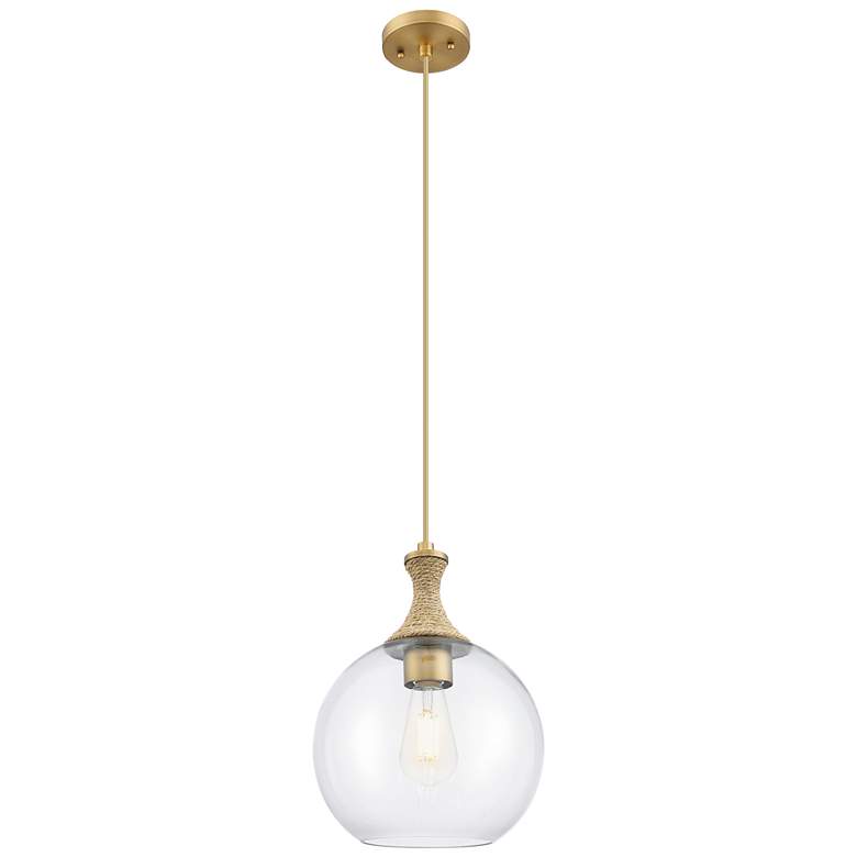 Image 1 Downtown Astor 10"W Brown Rope Cord Brass Mini Pendant w/ Clear Shade