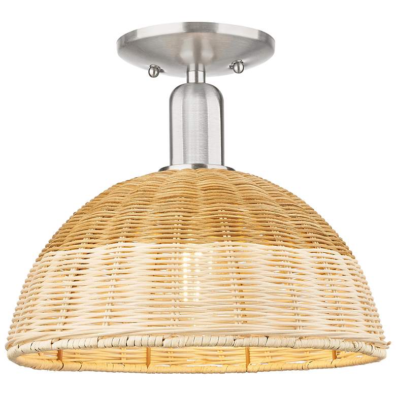 Image 1 Downtown Ballston Dome 12"W Satin Nickel Semi-Flush w/ Basketweave Shade