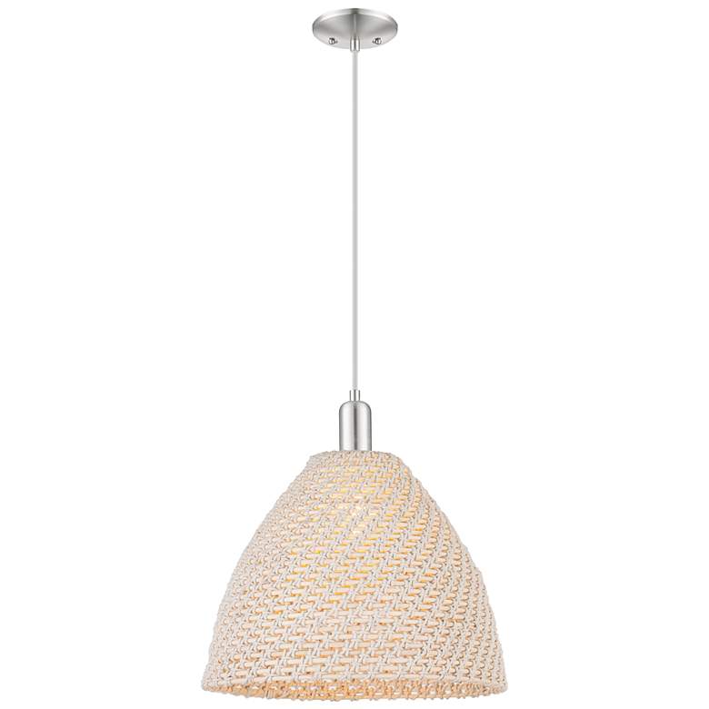 Image 1 Downtown Ballston Dome 16"W Cord Satin Nickel Pendant w/ Natural Shade