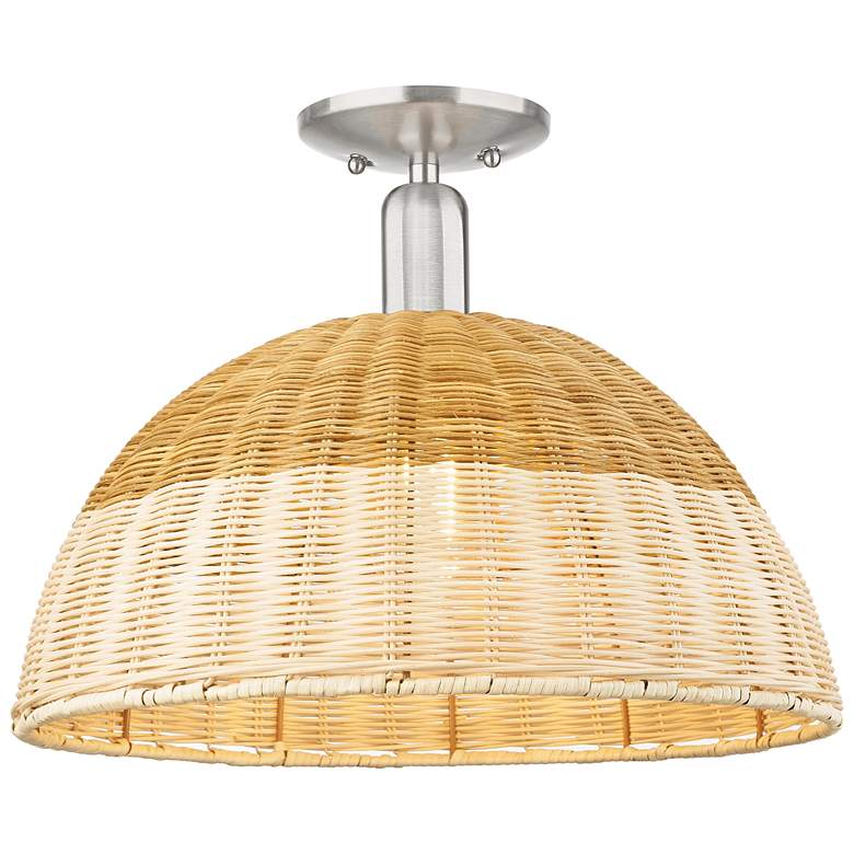 Image 1 Downtown Ballston Dome 16"W Satin Nickel Semi-Flush w/ Basketweave Shade