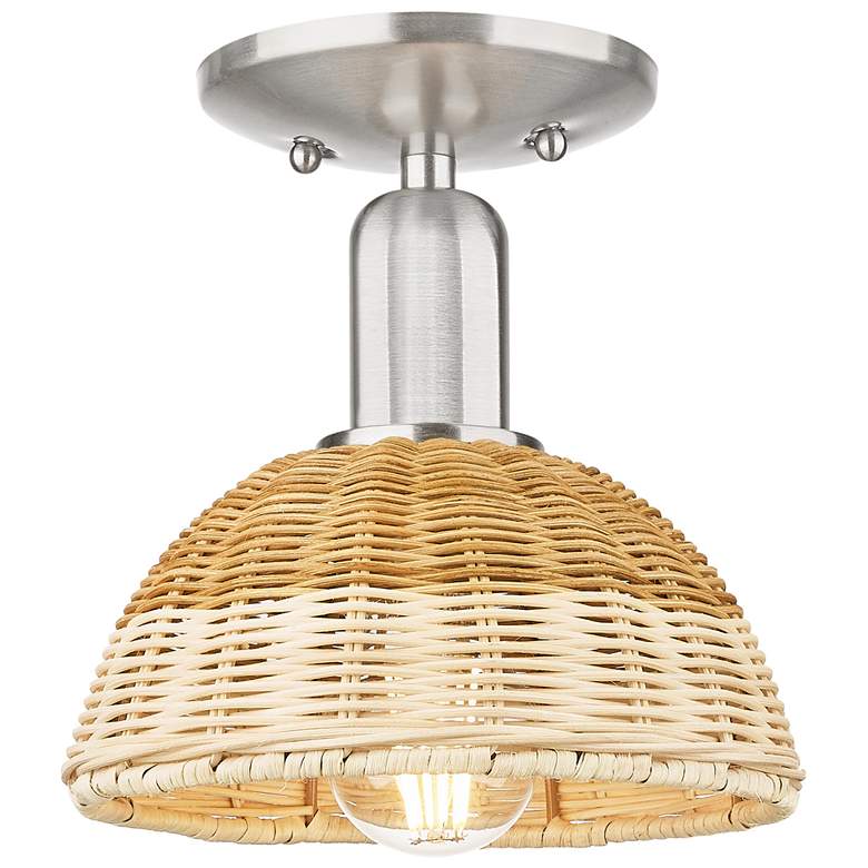 Image 1 Downtown Ballston Dome 8"W Satin Nickel Semi-Flush w/ Basketweave Shade