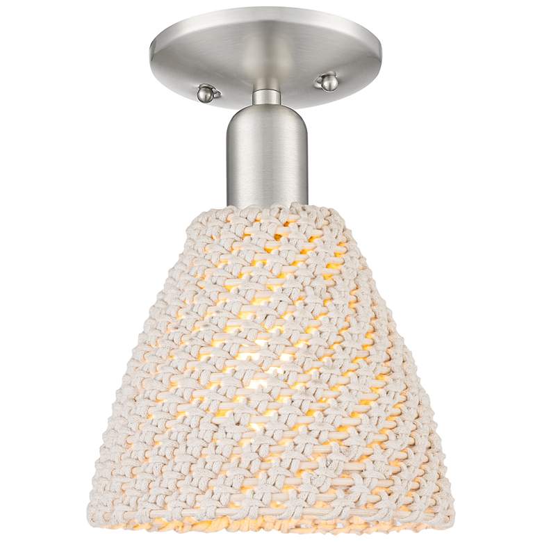 Image 1 Downtown Ballston Dome 8"W Satin Nickel Semi-Flush w/ Natural Shade